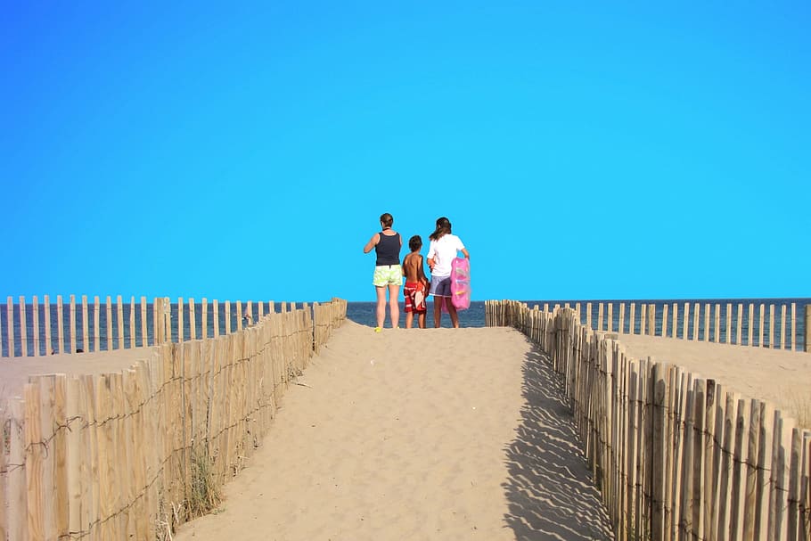 dune, sandy beach, horizon, heat wave, view, coast, blue sky HD wallpaper