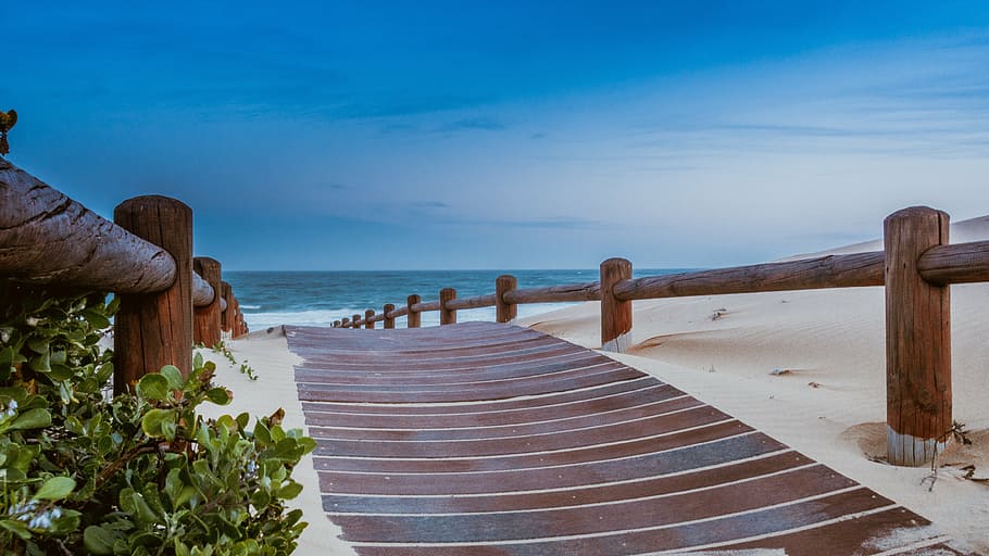 brown wooden sea dock, beach, ocean, sunset, long exposure HD wallpaper