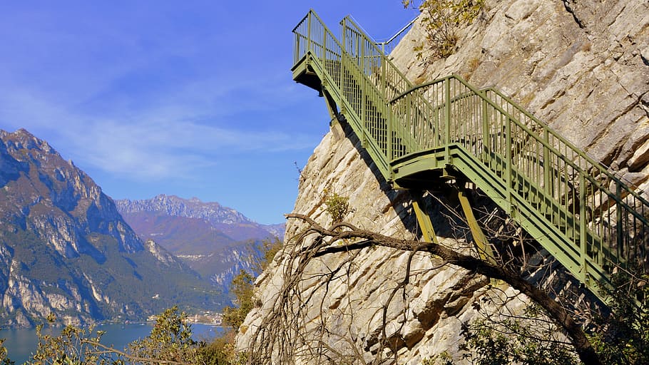 gray metal stair beside rock formation, scale, sky, climb, mountain HD wallpaper