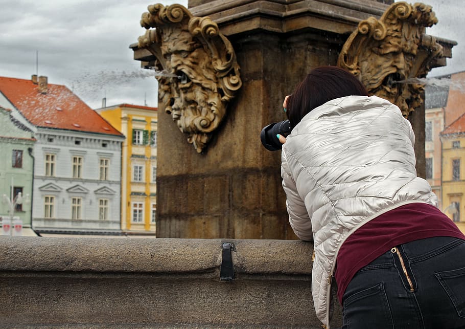 fountain, city, czech budejovice, girl, photo, camera, image, HD wallpaper