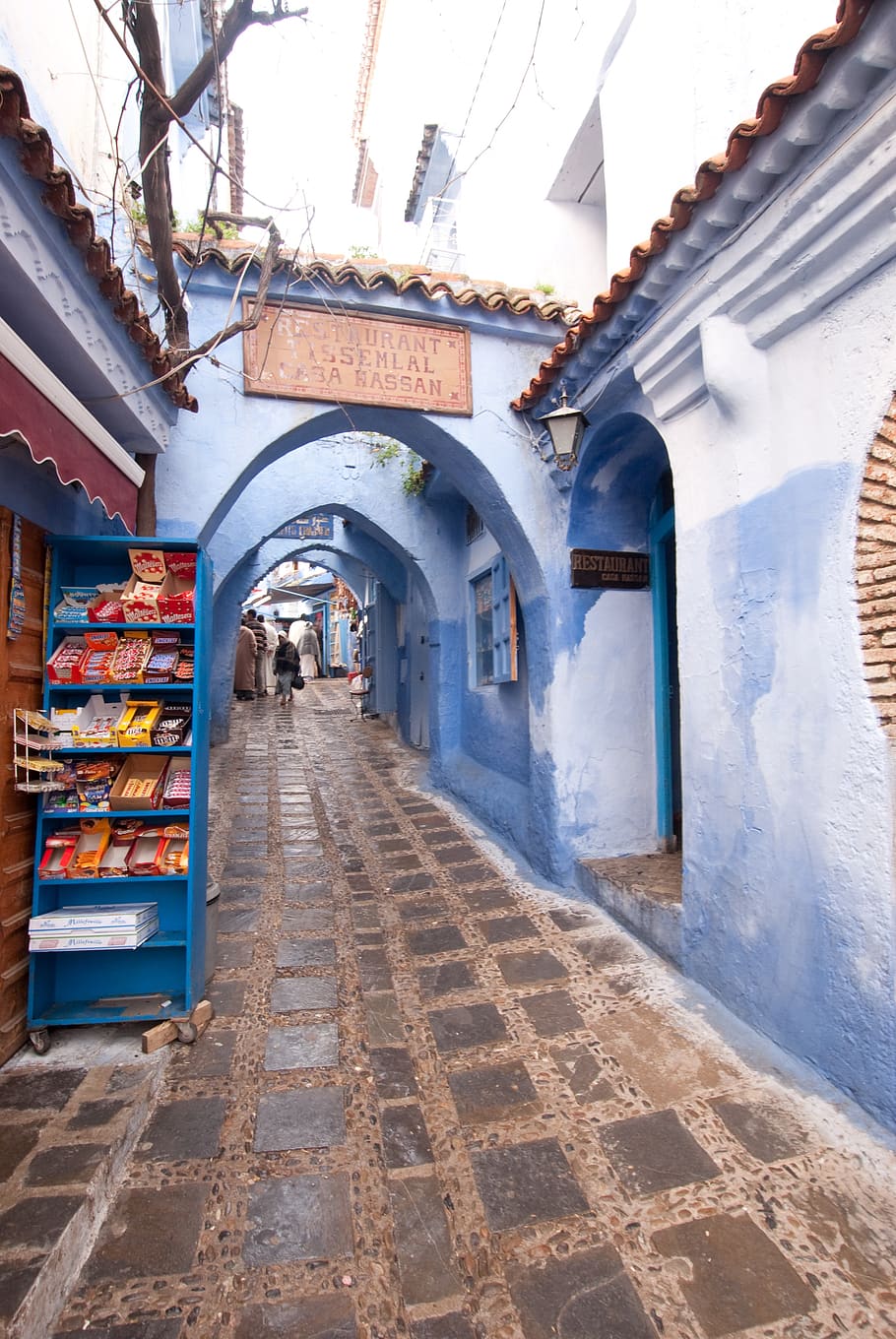 morocco, blue street, people, chefchaouen, architecture, built structure, HD wallpaper