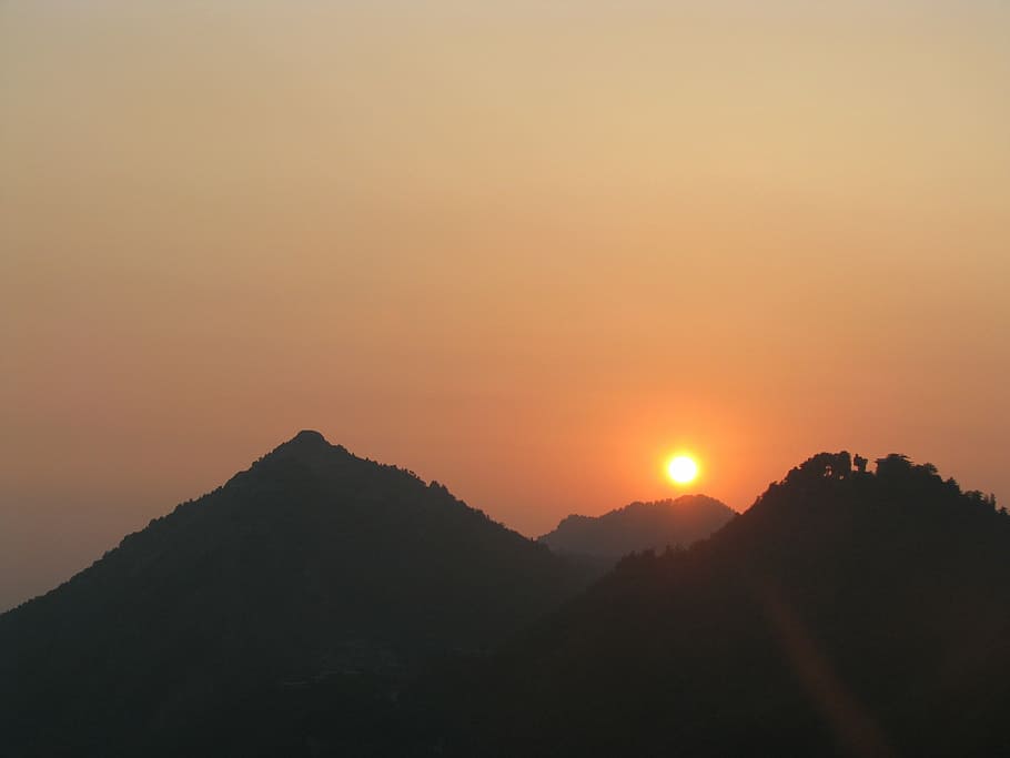 orange sunset, mountains, mussoorie, himachal, himalayas, nature, HD wallpaper