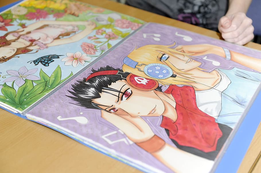 man and woman using headphones painting on table, manga, library HD wallpaper