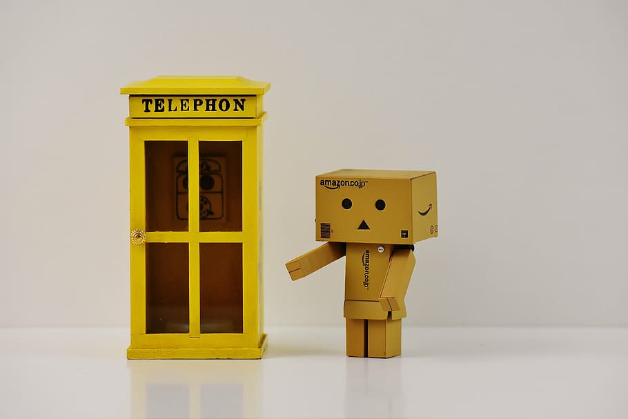 box figurine standing near telephone booth, danbo, figure, funny, HD wallpaper