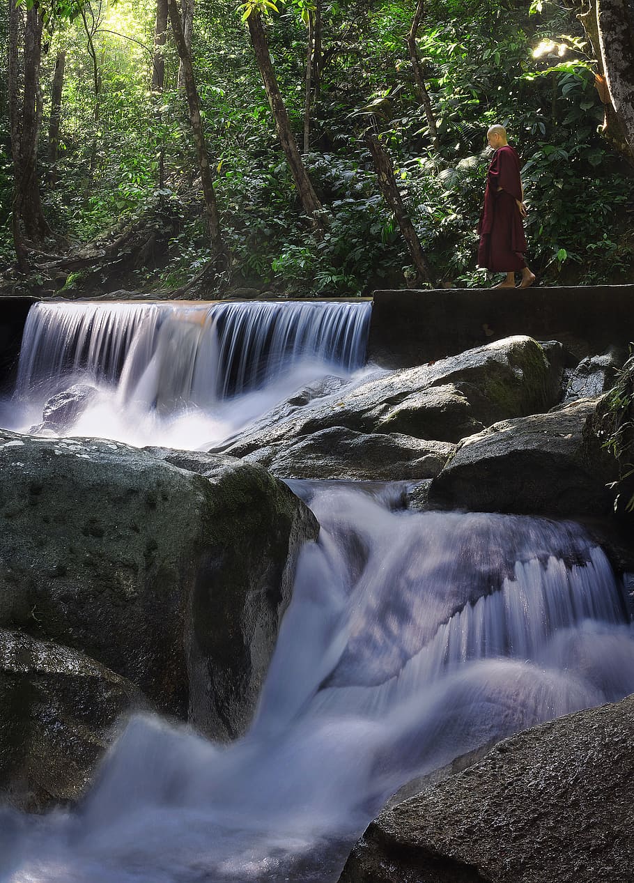theravada buddhism, walking meditation, monk, nature, waterfall