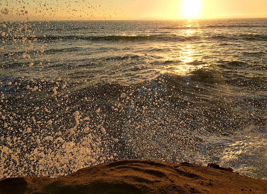 beach, coast, horizon, ocean, sea, seaside, splashing, sunrise HD wallpaper