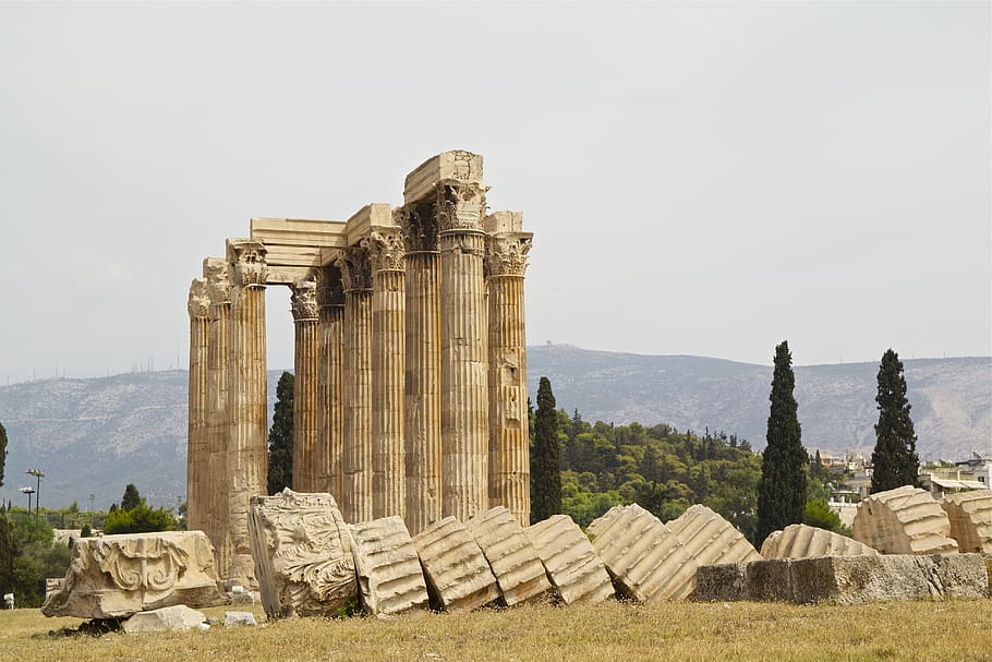 brown ruins near trees, athens, greece, hellas, greek, sightseeing HD wallpaper