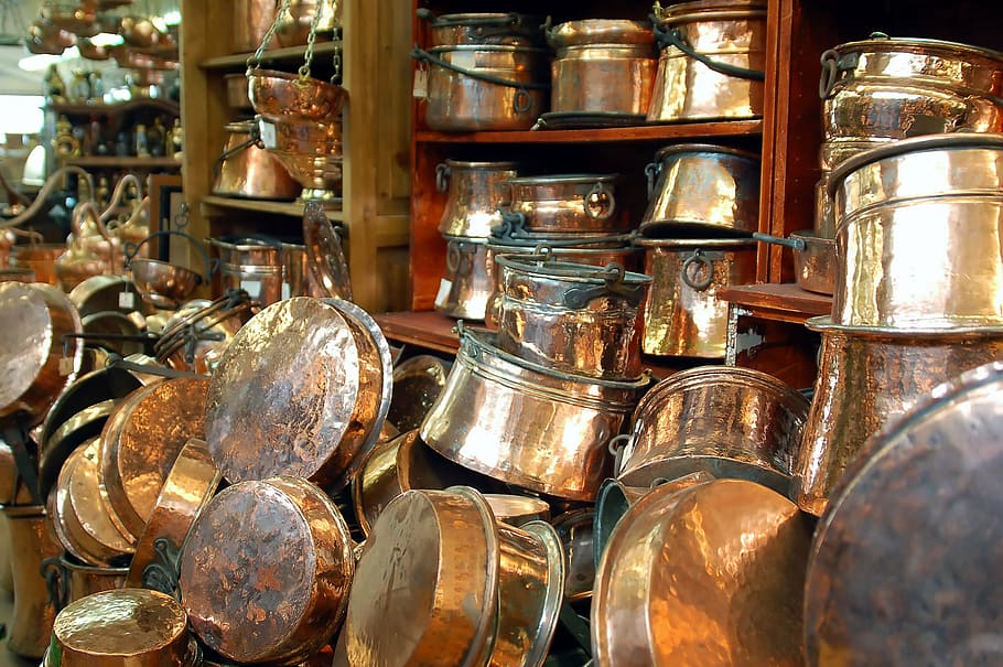 copper, tableware, antiques, old, shop, cultures, choice, variation HD wallpaper