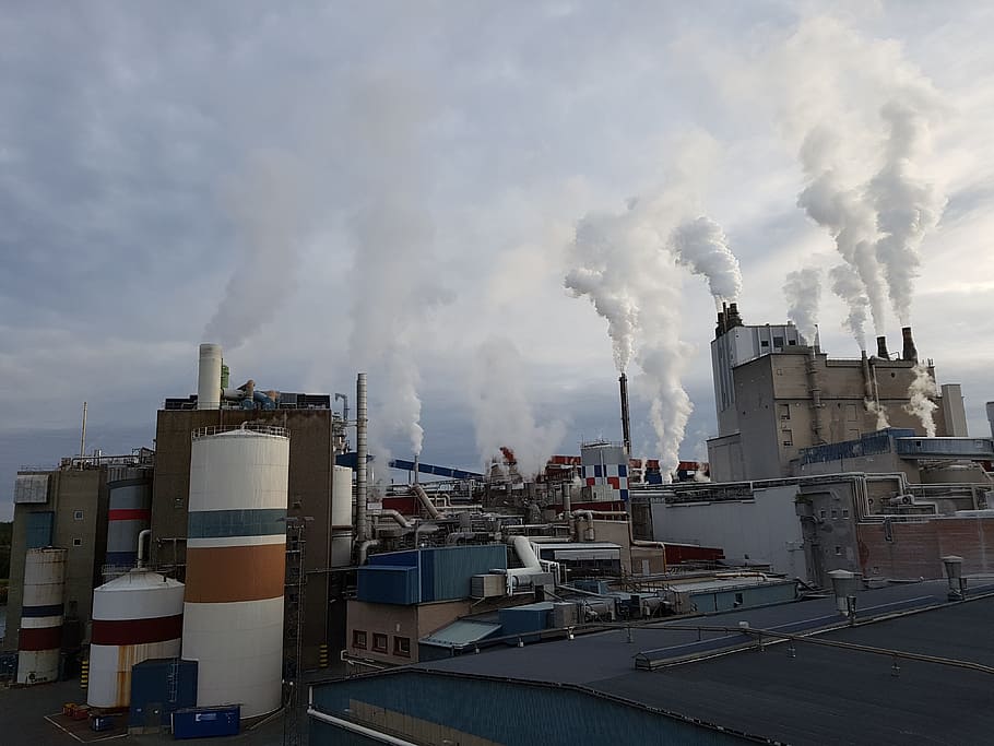 white smoke coming out from factory exhaust pipes, Industry, Industrial