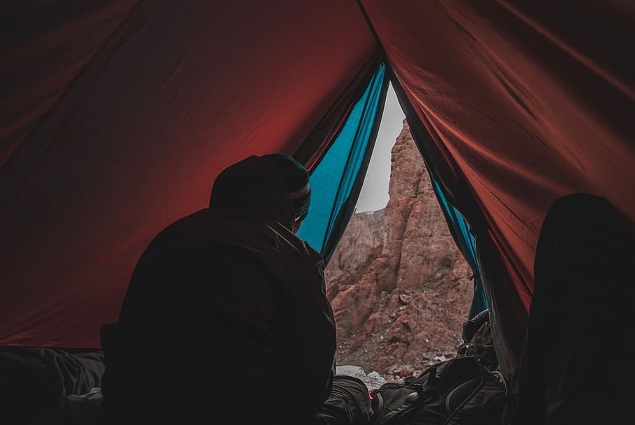 person in red and blue camping tent, person inside red tent, view, HD wallpaper