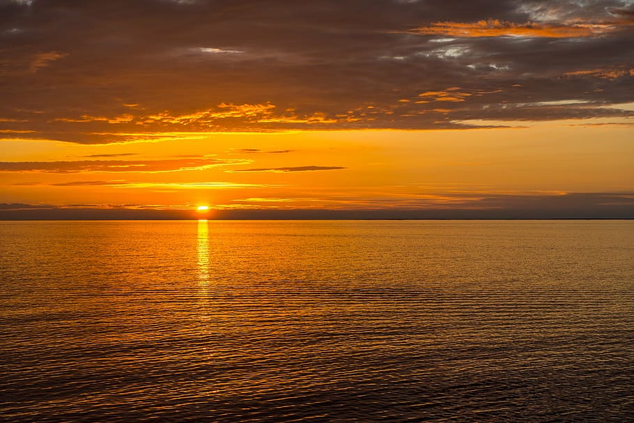 body of water during golden hour, sun, sea, evening, sunset HD wallpaper