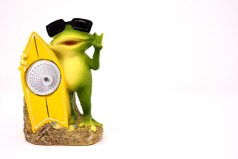 frog, funny, figure, surfboard, lamp, solar, decoration, studio shot HD wallpaper