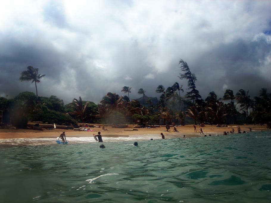 stormy, clouds, beach, surf, sea, wind, tropical, group of people HD wallpaper