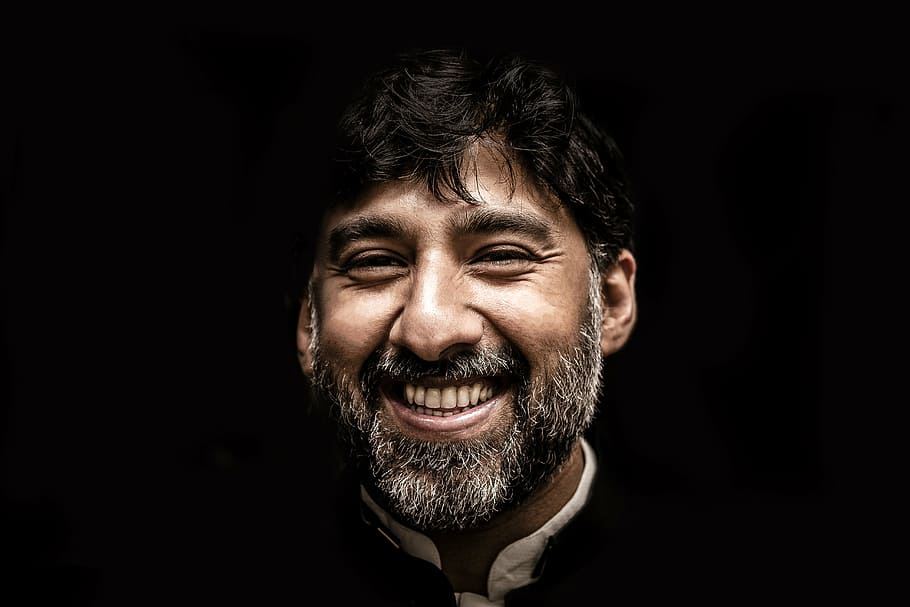 man wearing black suit, beard, guy, happy, mustache, person HD wallpaper