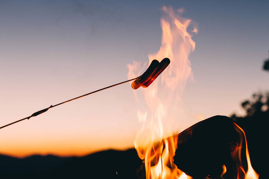 shallow focus photography of two burning sausages, fire - Natural Phenomenon HD wallpaper