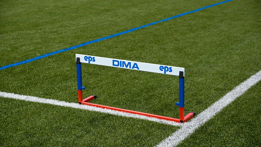 white and blue rack on field, hurdle, obstacle, sport, track and field, HD wallpaper