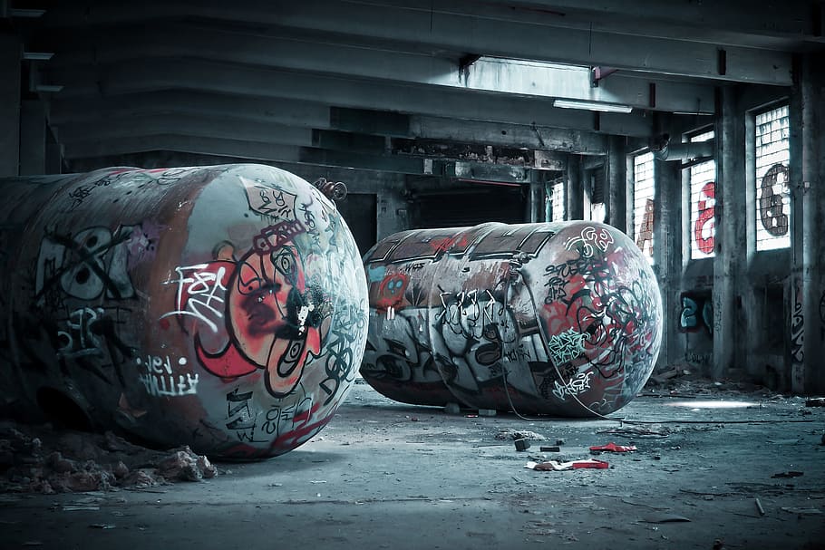 two containers with graffiti, lost places, factory, old, lapsed, HD wallpaper