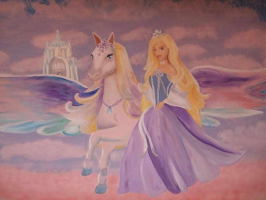 Barbie Pegasus, Wall Painting, wall decoration, only women, young adult, HD wallpaper