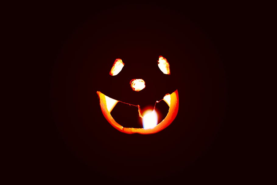 LED lantern with orange strap, pumpkin, halloween, night, flame HD wallpaper