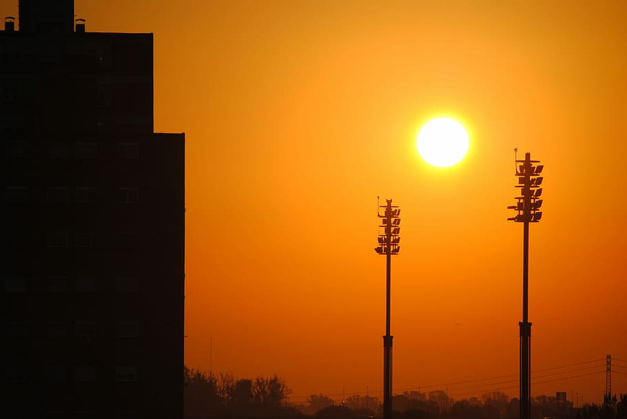 Dawn, Saragossa, Sun, City, illuminated, lighting equipment HD wallpaper