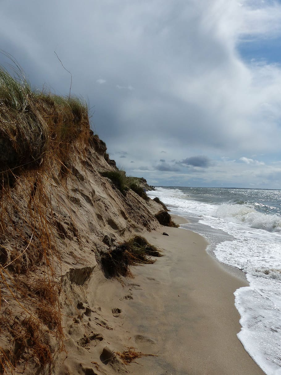 coast, clouds, sky, surf, sea, covered sky, landscape, sand HD wallpaper