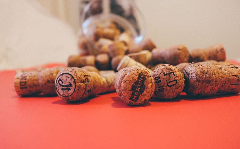 brown cork lot on red cloth, wine, drink, alcohol, bottle, winery HD wallpaper
