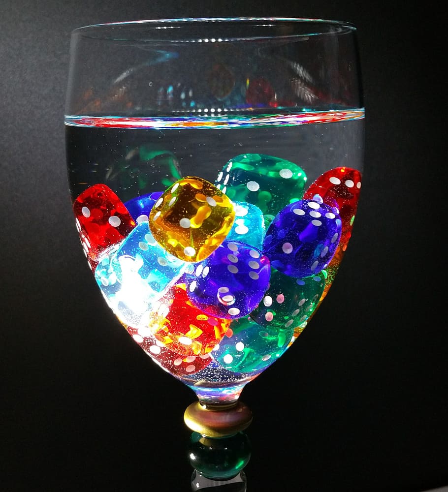 cube, luck, lucky dice, glass, wine glass, colorful, multi colored, HD wallpaper