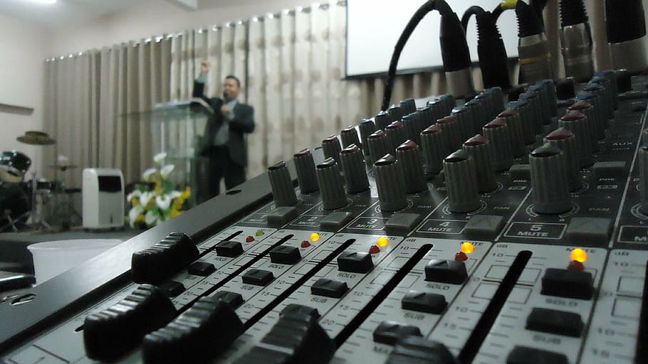 table, sound, mixer, pastor, church, electronics, audio equipment HD wallpaper