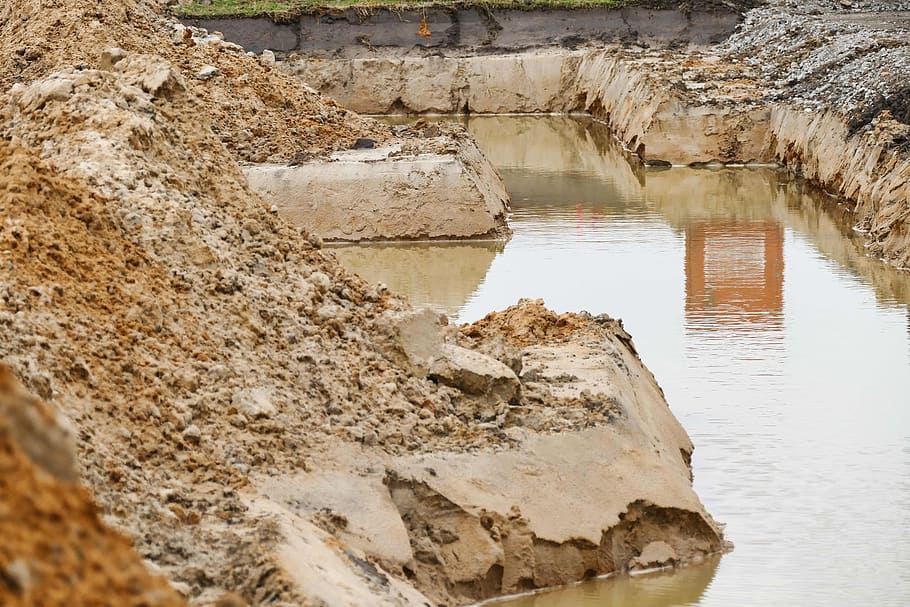 site, clay, construction work, pit, housebuilding, sand, ground water HD wallpaper