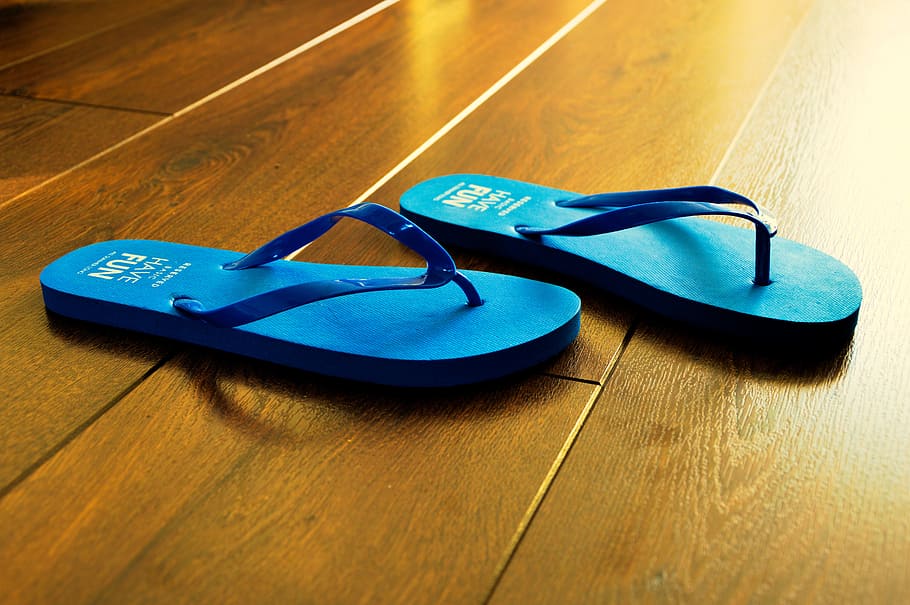 close-up photo of pair of teal flip-flops on floor, flip flops, HD wallpaper