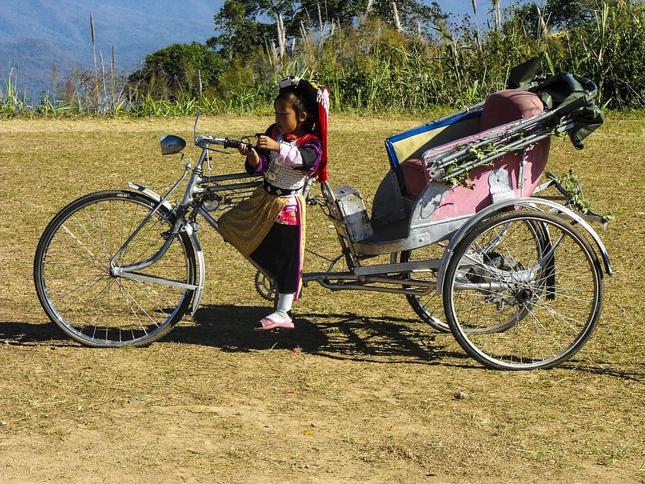 Rickshaw, Costume, Tricycle, little girl, thailand, bike, vehicle, HD wallpaper