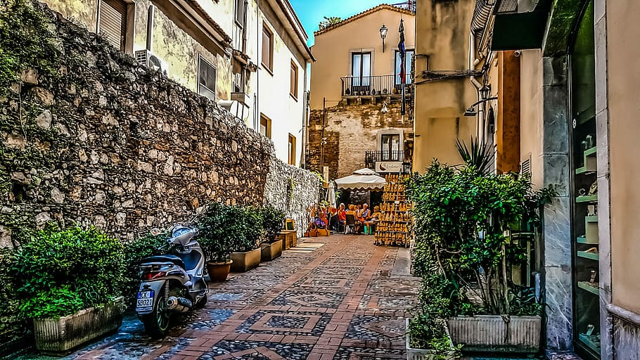 white and black motor scooter beside plant near people sitting under canopy at daytime HD wallpaper