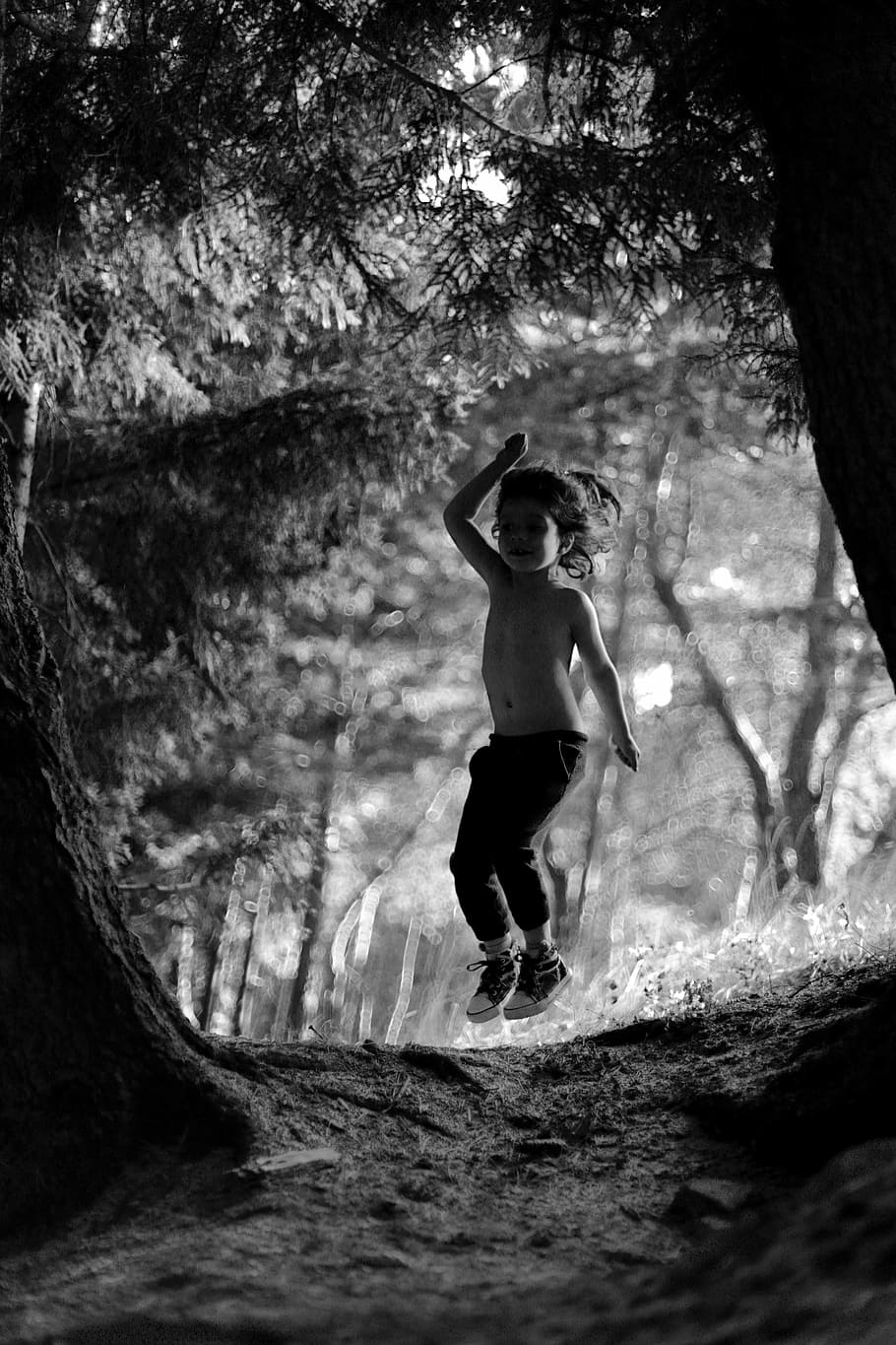 Anna’s thoughts, boy wearing pants, kid, playing, trees, forest HD wallpaper
