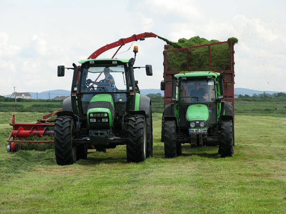 two green tractors towing attachments, farming, agriculture, harvest, HD wallpaper