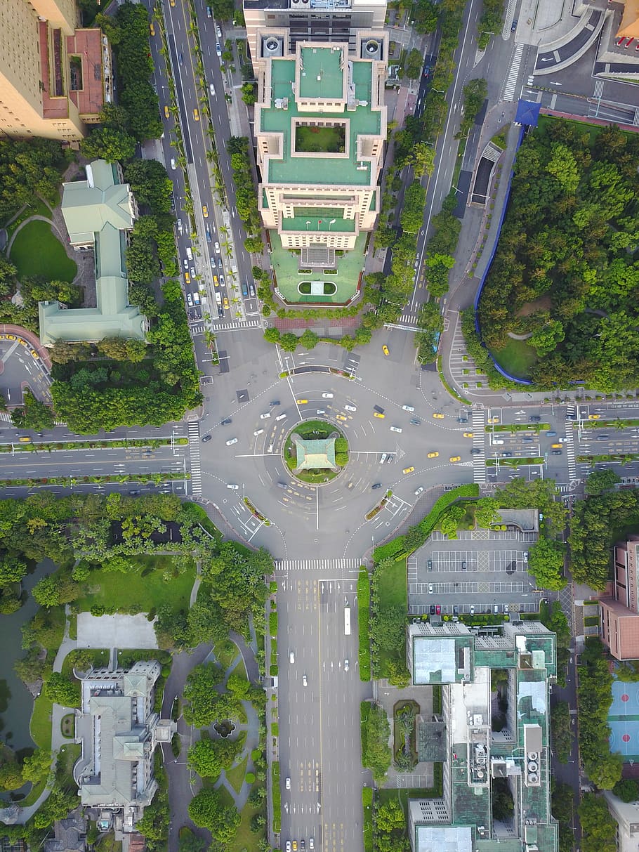 areal view city building, tree, road, symmetry, building exterior HD wallpaper