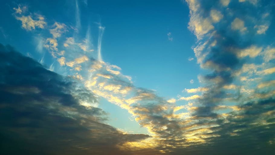 Sunset, Blue Sky, a multicolored cloud, burning clouds, silhouette HD wallpaper