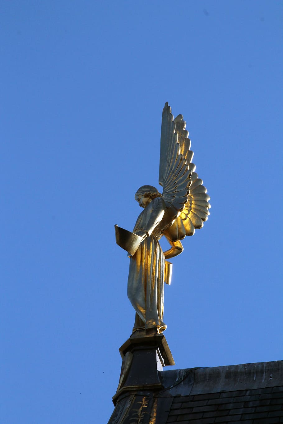 angel, statue, gold, blue sky, france, montmorency, ile-de-france, HD wallpaper