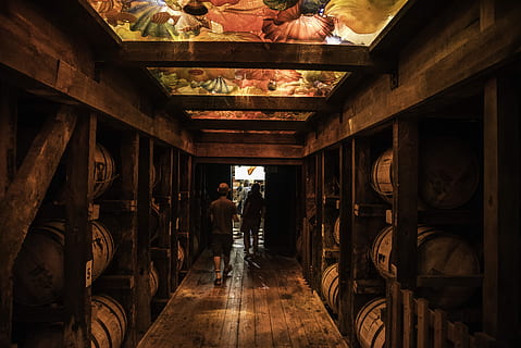 Barrels in the Storage Room at Maker's Mark, corridor, dark, hall HD wallpaper