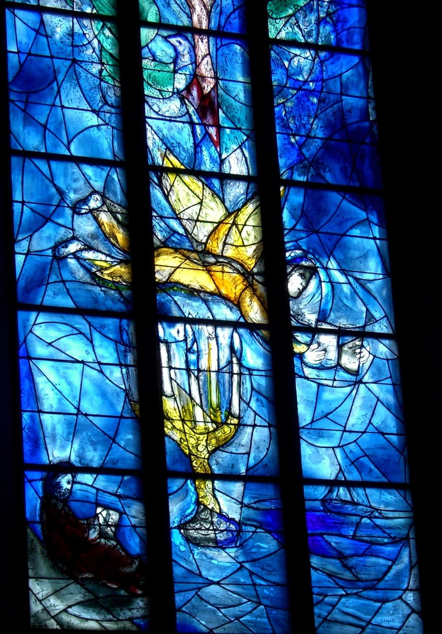 glass window, chagall, st stephan, mainz, blue, yellow, church window
