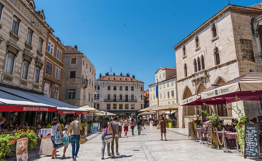 people walking on pavement surrounded by buildings, split, croatia HD wallpaper