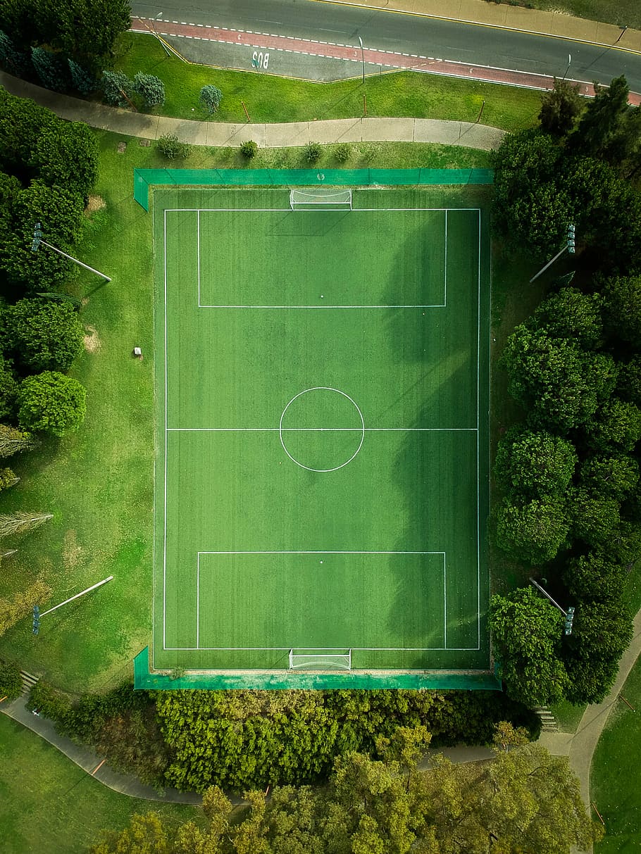 aerial photography of football field, aerial photography of soccer field HD wallpaper