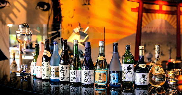 wine and vodka bottle lot on black table, drinks, sake, shabu HD wallpaper
