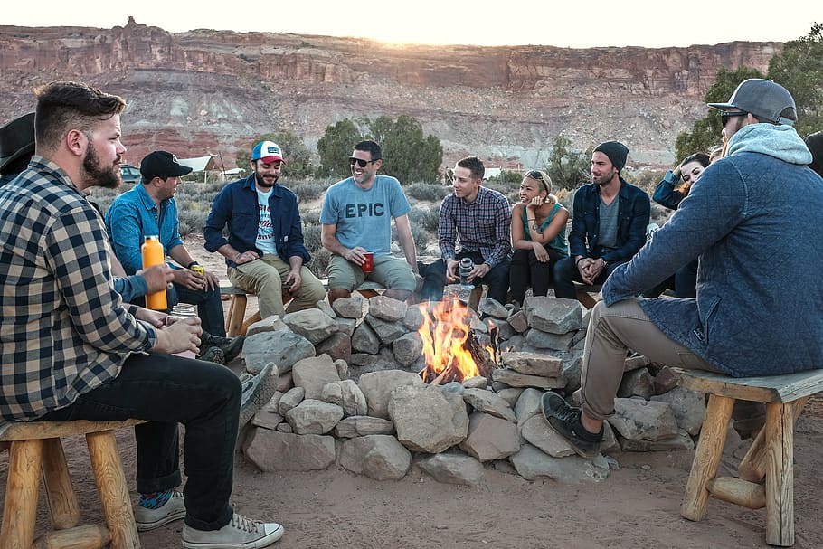 people sitting in front campfire, circle, bonfire, men, flame HD wallpaper