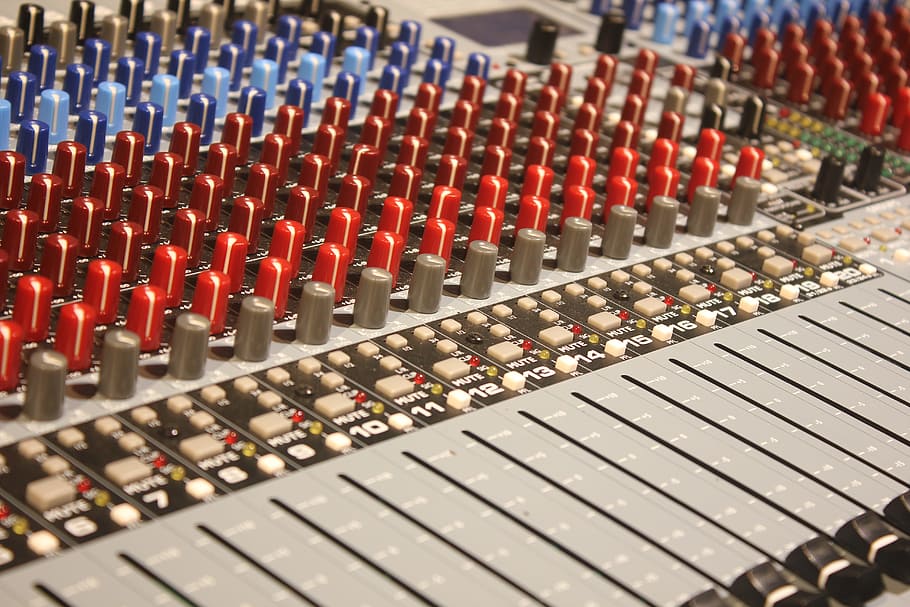 Close-up of a Mixer, amplifier, Analogue, audio, board, button