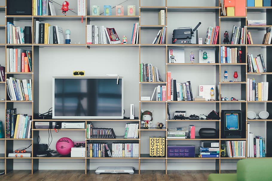 flat screen TV on brown wooden shelf, flat screen TV on multilayered shelf, HD wallpaper