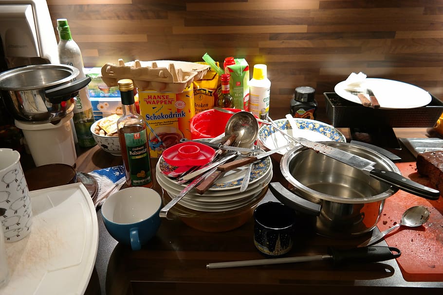 assorted-color kitchen utensil on table, a mess, unclean, tableware HD wallpaper