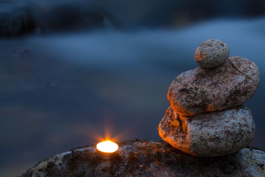 three gray rocks beside silver candle holder, peace, zen, stone HD wallpaper