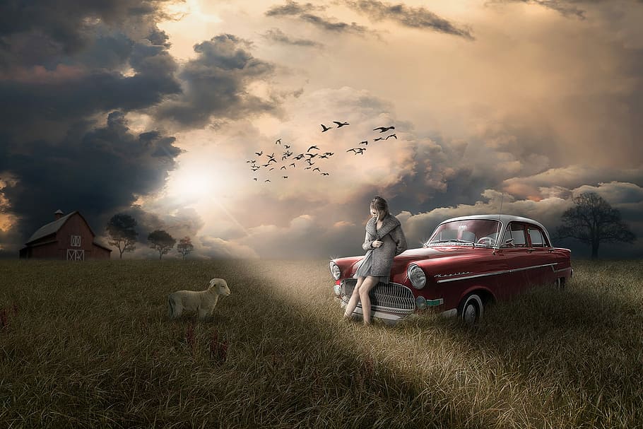 woman leaning of the hood red vintage sedan on green field HD wallpaper