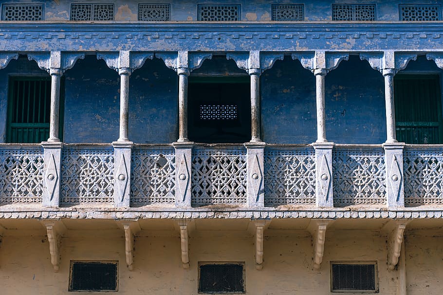 blue, building, wall, architecture, balcony, day, decoration HD wallpaper