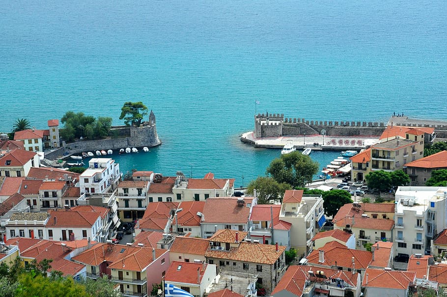 Nafpaktos; view from the fortress in Greece, cityscape, photos